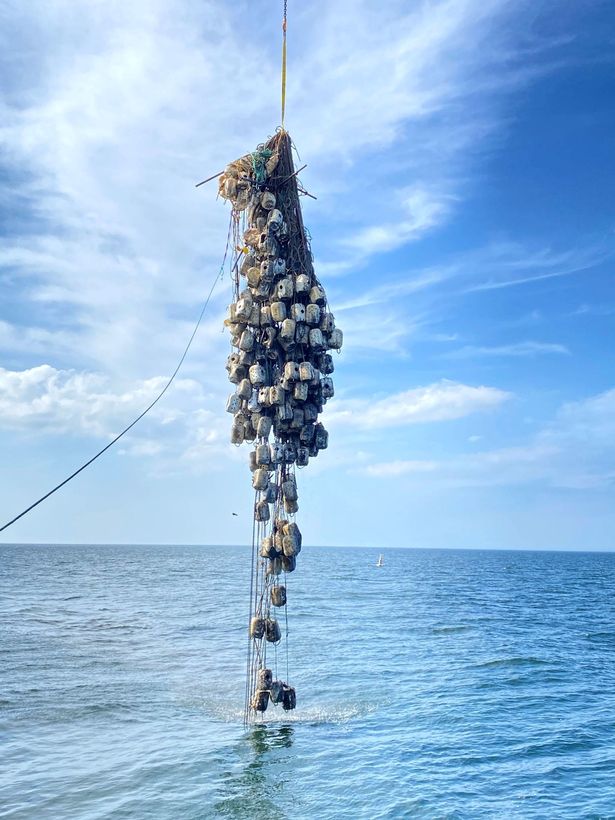 Whelk pots and line gear being recovered from the wreck site